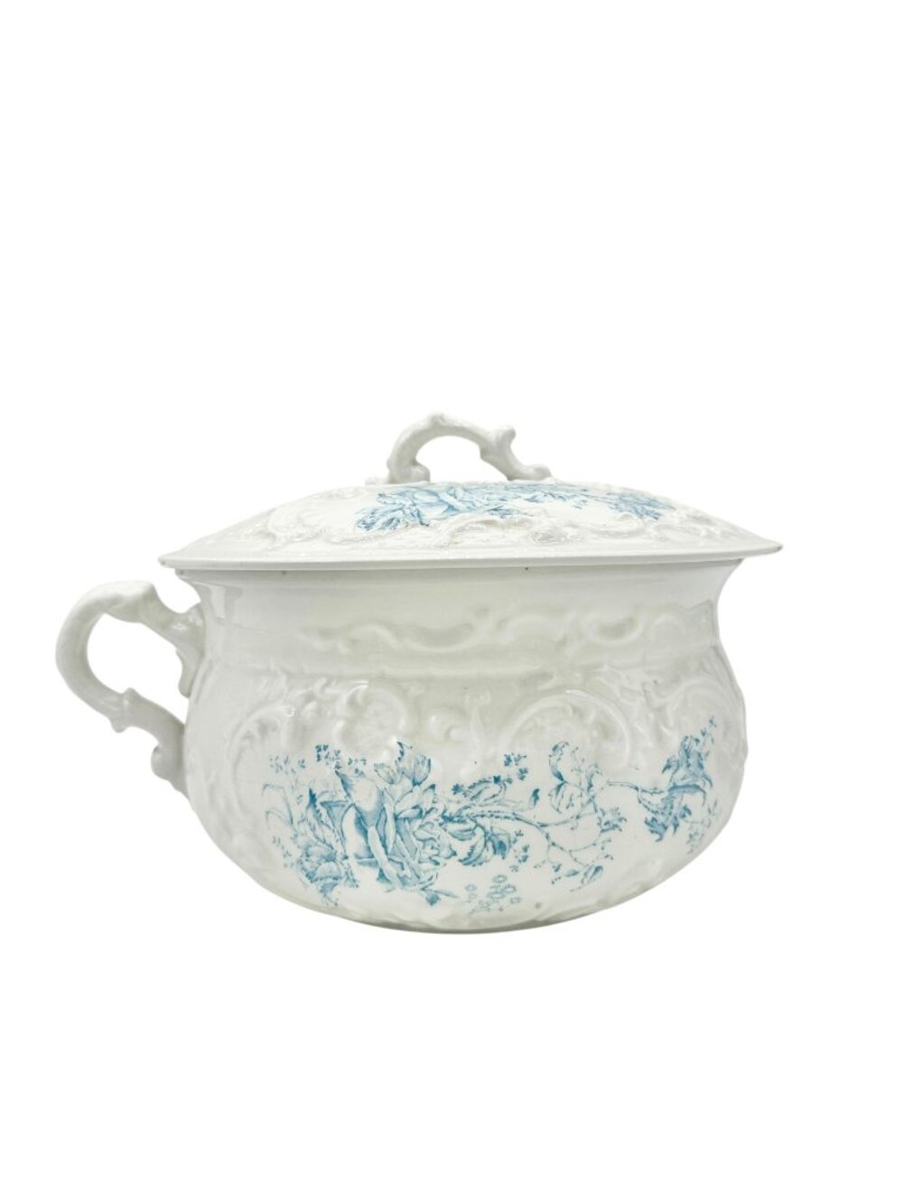 WH Grindley Semi Porcelain Chamber Pot With Lid White Blue Floral Victorian Era